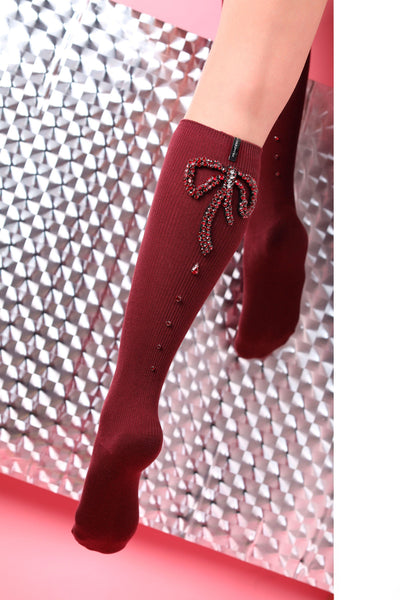 magic bow high-knee socks burgundy bordeaux 