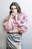 croped jacket real leather and fur baby pink handmade details 