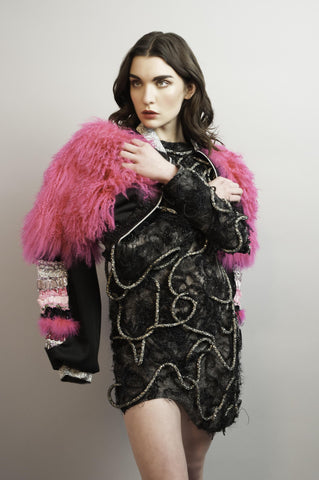 cropped jacket with real fur handmade detailson sleeves